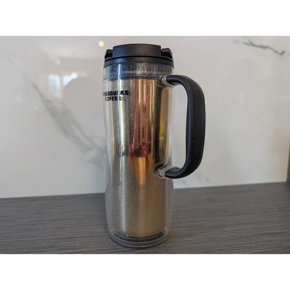 Starbucks 2008 Acrylic Gold Glitter Travel Coffee Tumbler‎ with Rubber Handle